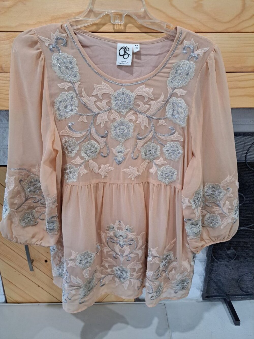 Anthropologie Easterly Embroidered Blouse  One September XS Peach Sheer Floral